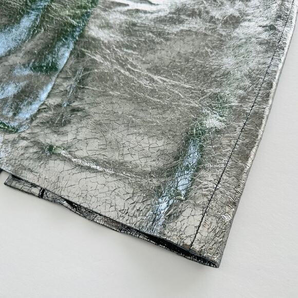 Milly Silver Midi Leather Skirt Size 4 Crinkle Print Knee Length Pencil Business - Picture 2 of 7